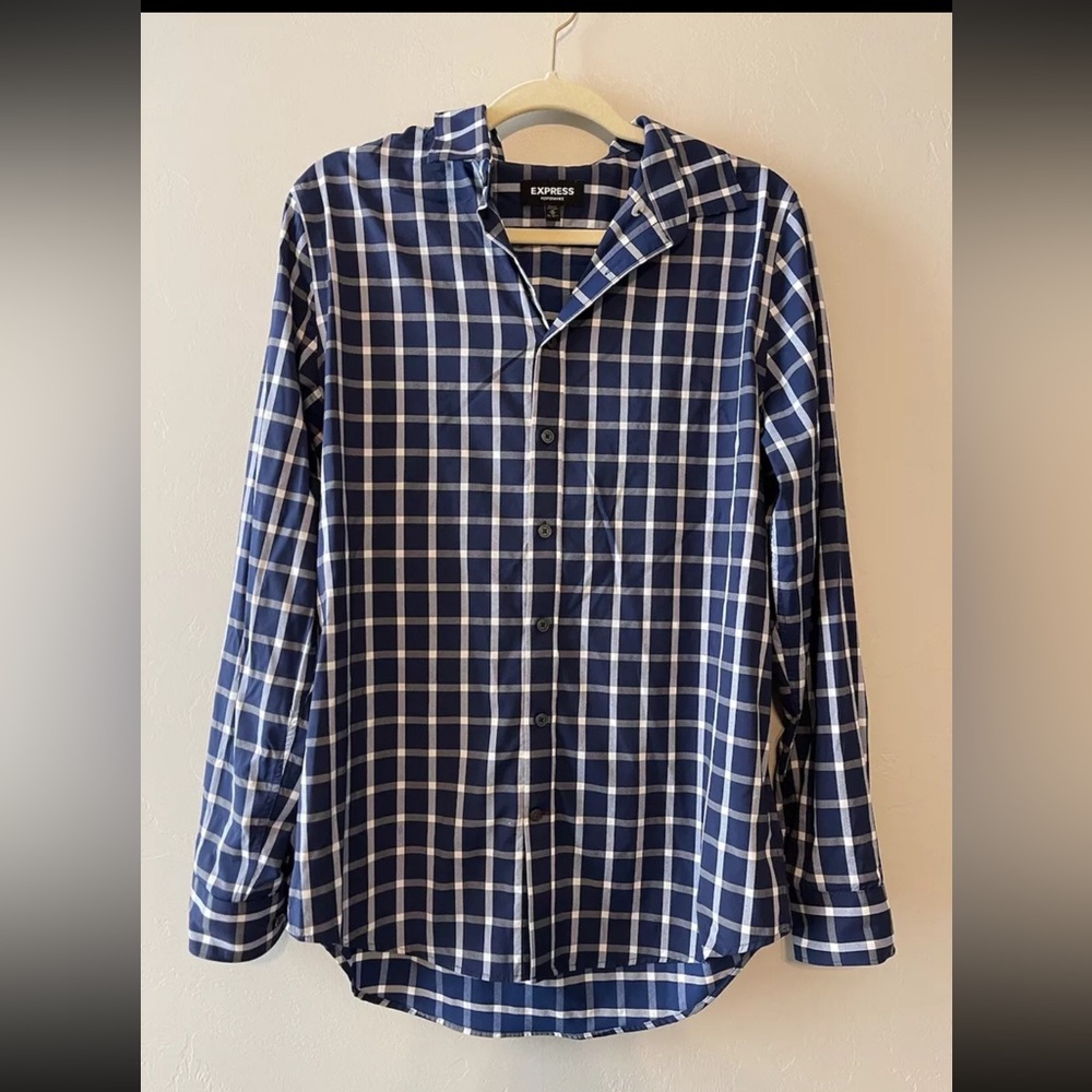 Express button-down long sleeve shirt blue checkered modern fit men's medium